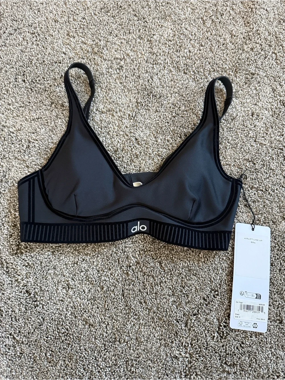 ALO Yoga Charcoal Gray Seamless Sports Bra with Black Trim